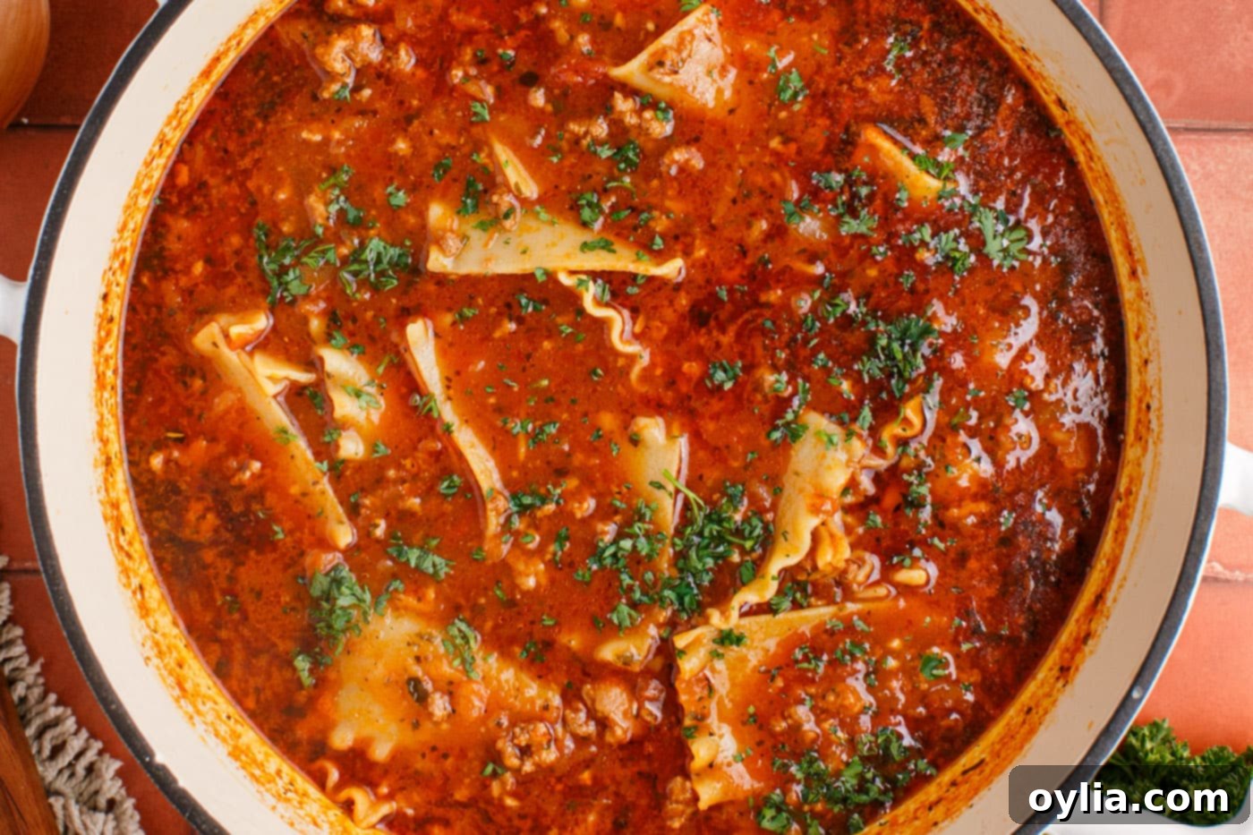 chopped parsley added to lasagna soup