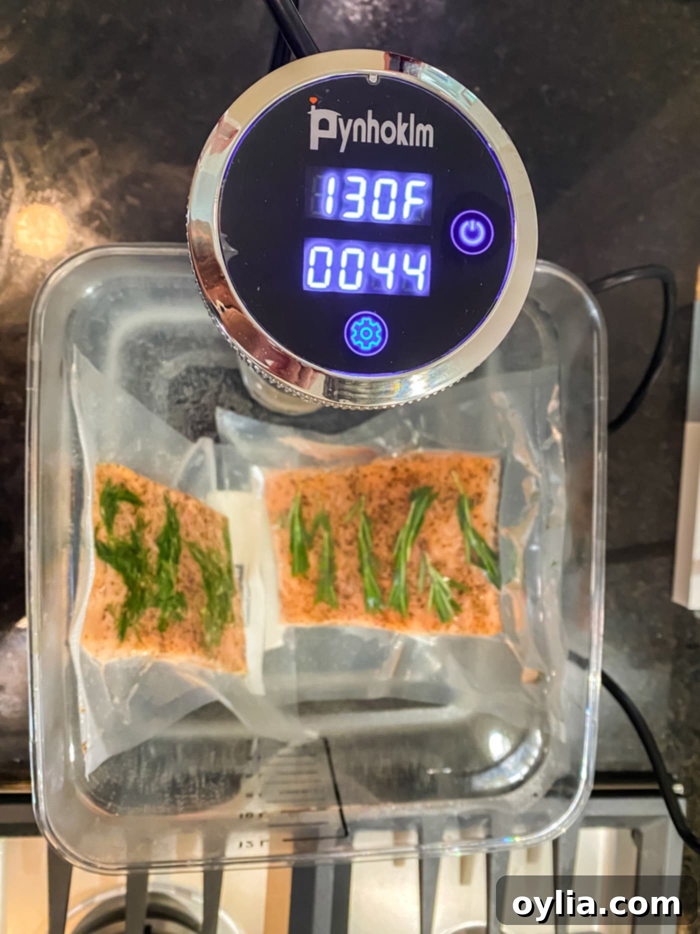 Vacuum-sealed salmon filets cooking in a sous vide water bath set to 130F
