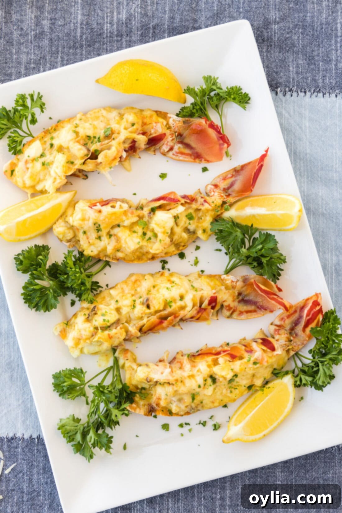 Two halves of Lobster Thermidor on a white platter, garnished with fresh parsley.