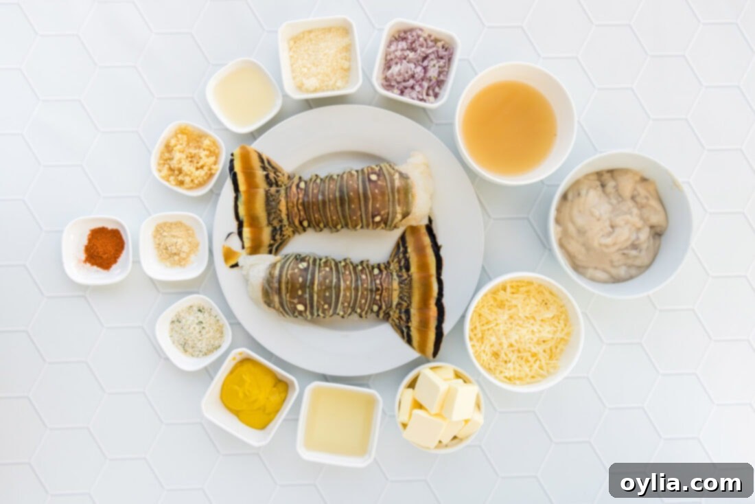 Various fresh ingredients for Lobster Thermidor laid out on a white surface, including lobster tails, butter, cheese, and aromatics.