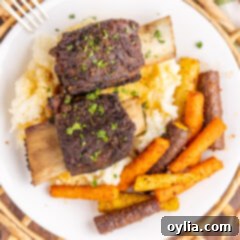 Overhead photo of two Beef Short Ribs over mashed potaoes