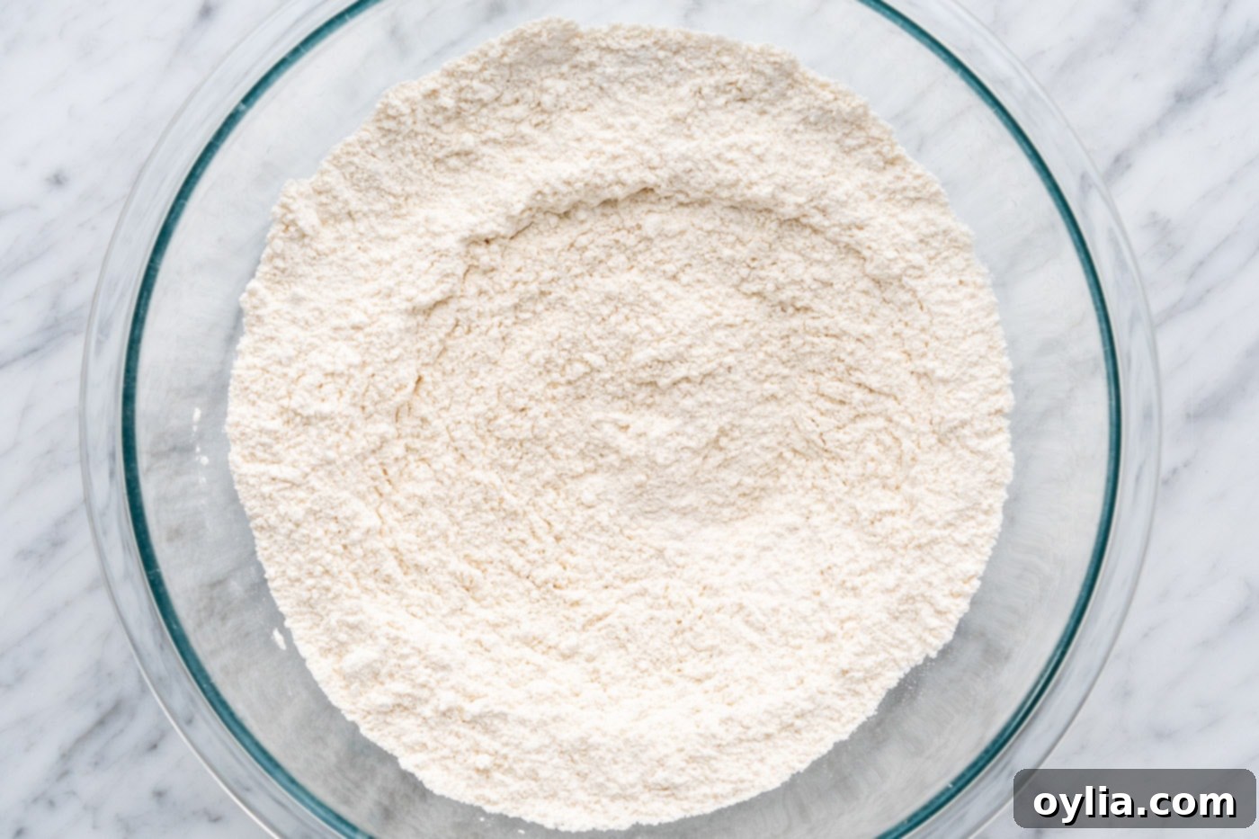 The well-combined dry ingredients for the muffin batter in a large bowl.