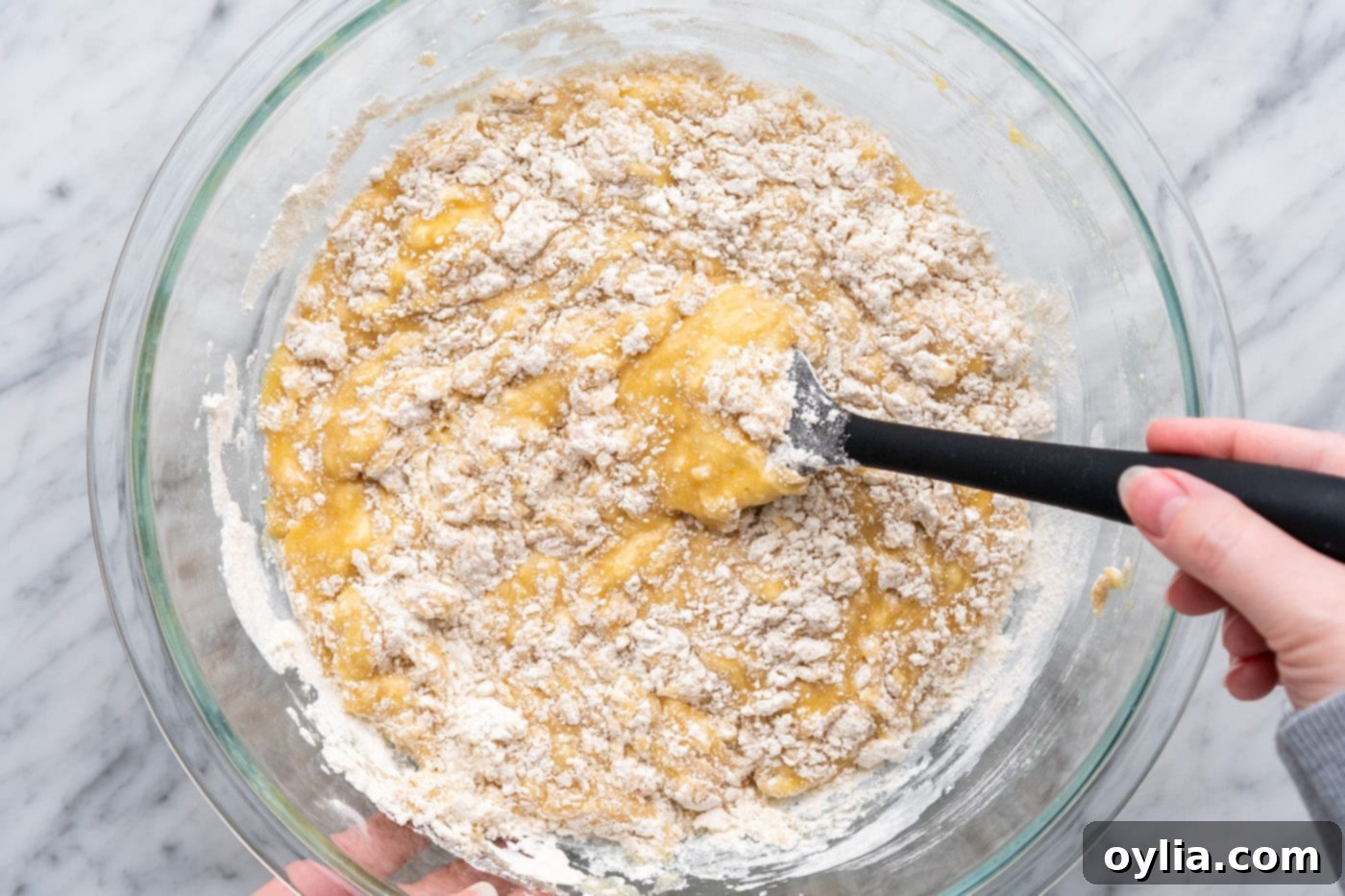 Gently folding and incorporating muffin batter together in a bowl.