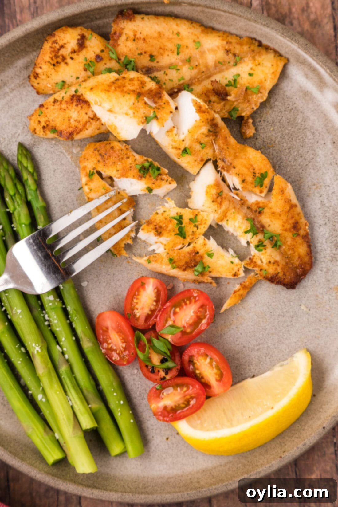 Orange Roughy broken apart on a plate with a fork, showing its flaky texture