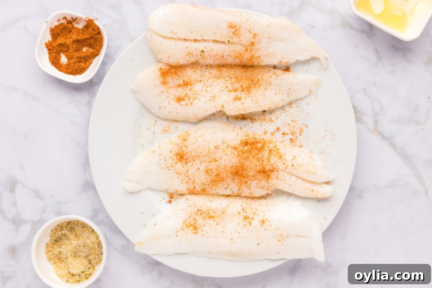 Old bay seasoned orange roughy filets ready for cooking