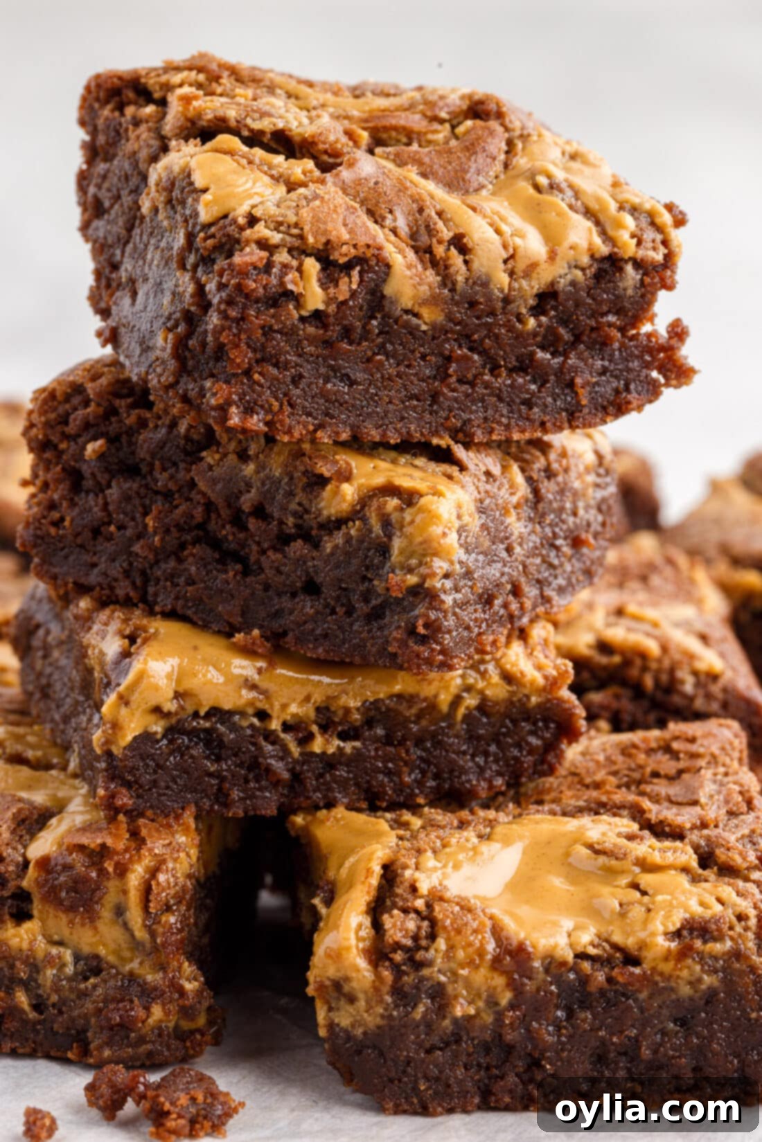 Stack of Peanut Butter Brownies, showcasing their thick, fudgy texture and creamy peanut butter swirl.