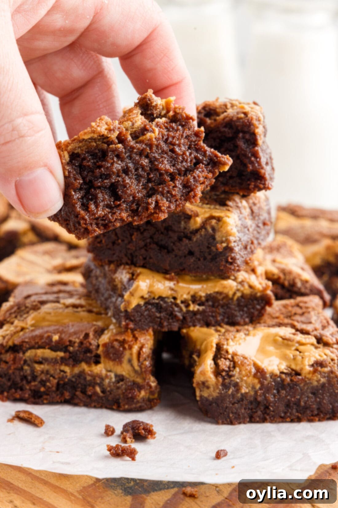 Close-up of a single square of a Peanut Butter Brownie, highlighting its rich chocolate base and creamy, golden peanut butter swirl.