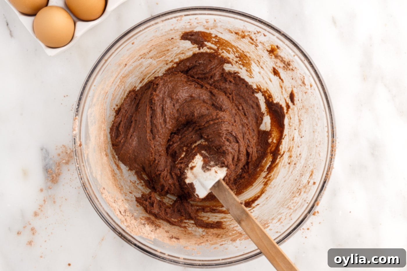 Thick, glossy chocolate brownie batter ready for baking in a mixing bowl.