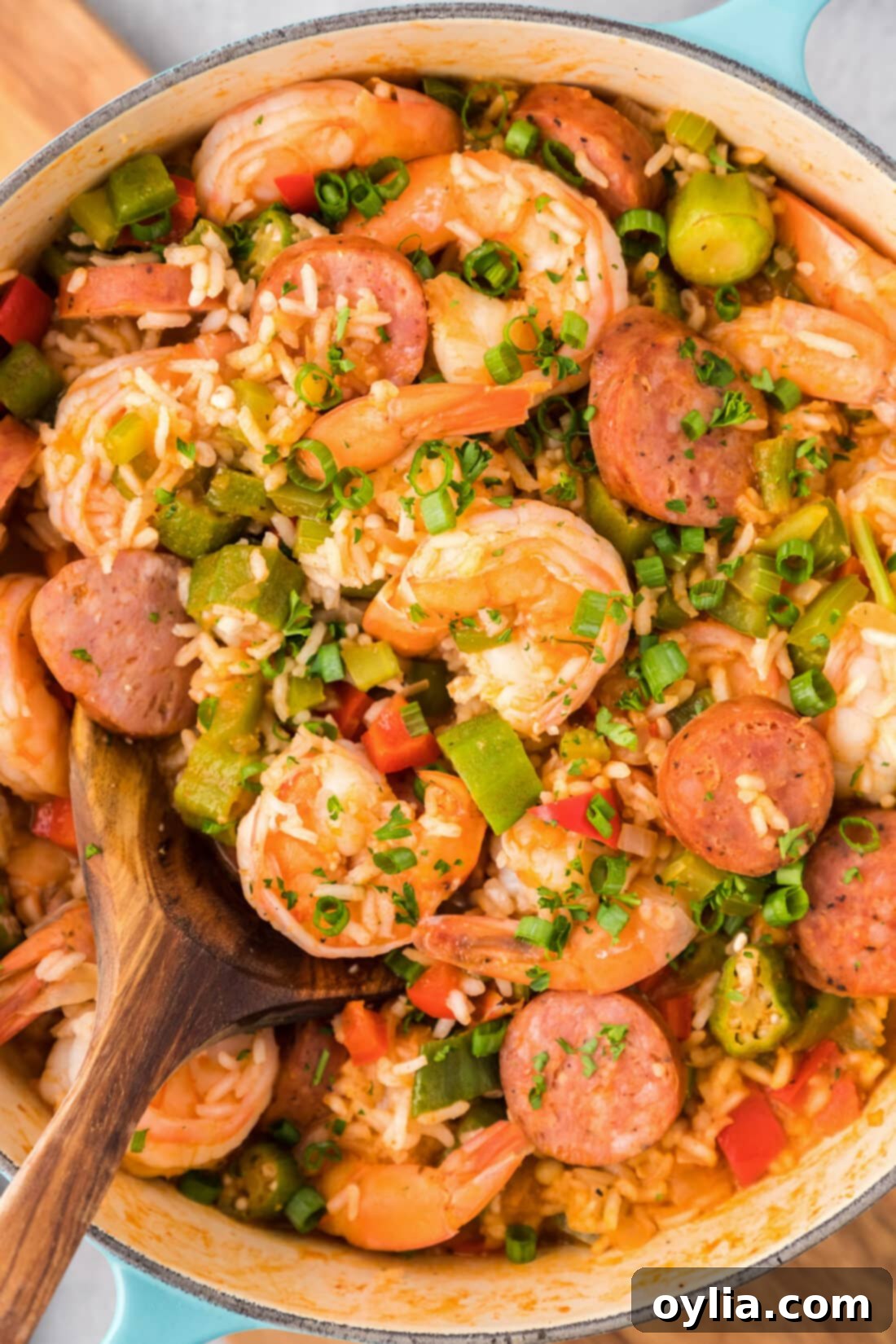 Pot of Jambalaya with a spoon in it