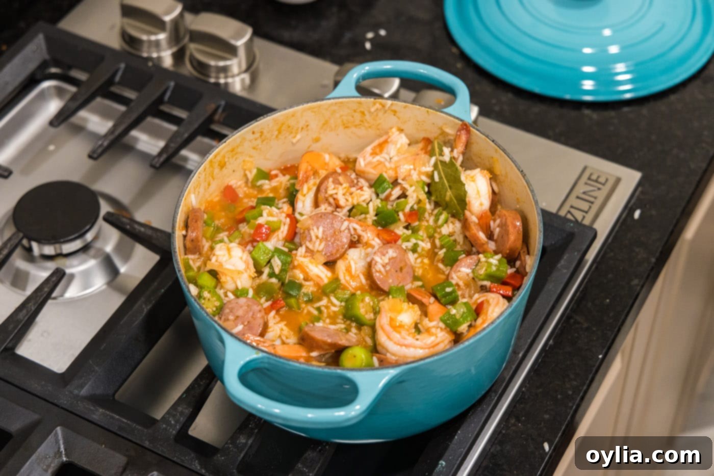 mixed jambalaya in a dutch oven