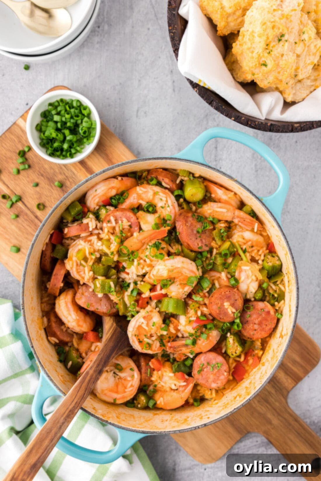 Overhead photo of a pot of Jambalaya