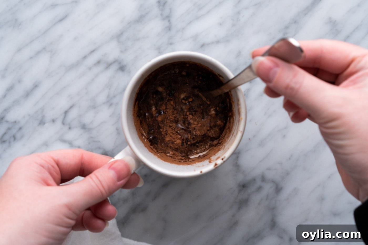 stirring brownie in a mug ingredients in a cup