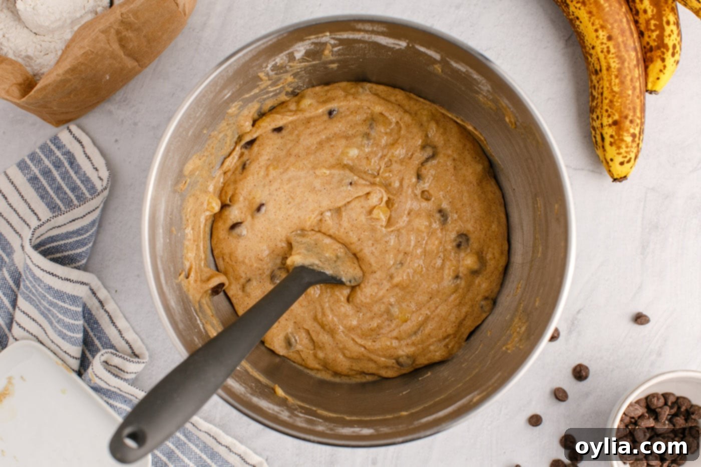 mixed banana bread batter with chocolate chips