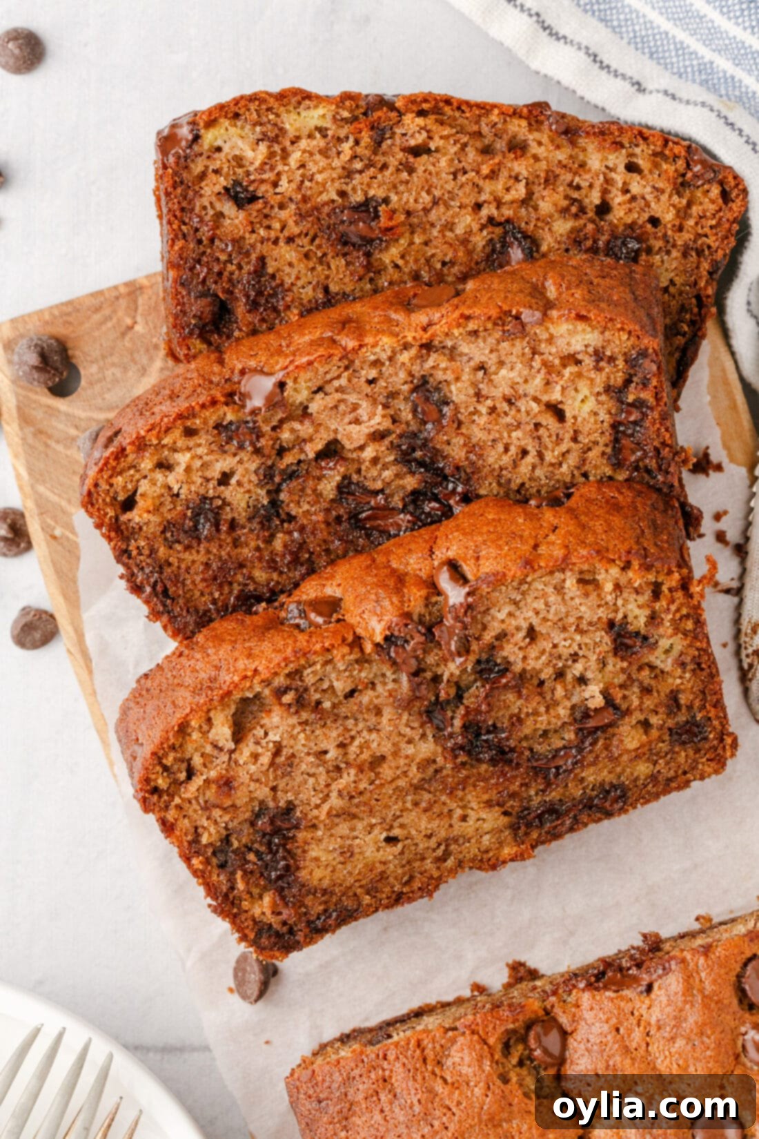 Three slices of Chocolate Chip Banana Bread
