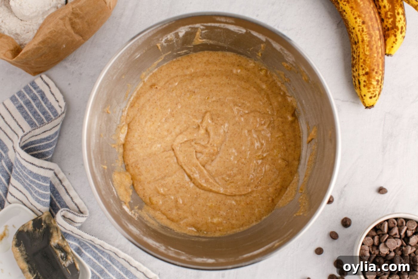 banana bread batter in a mixing bowl