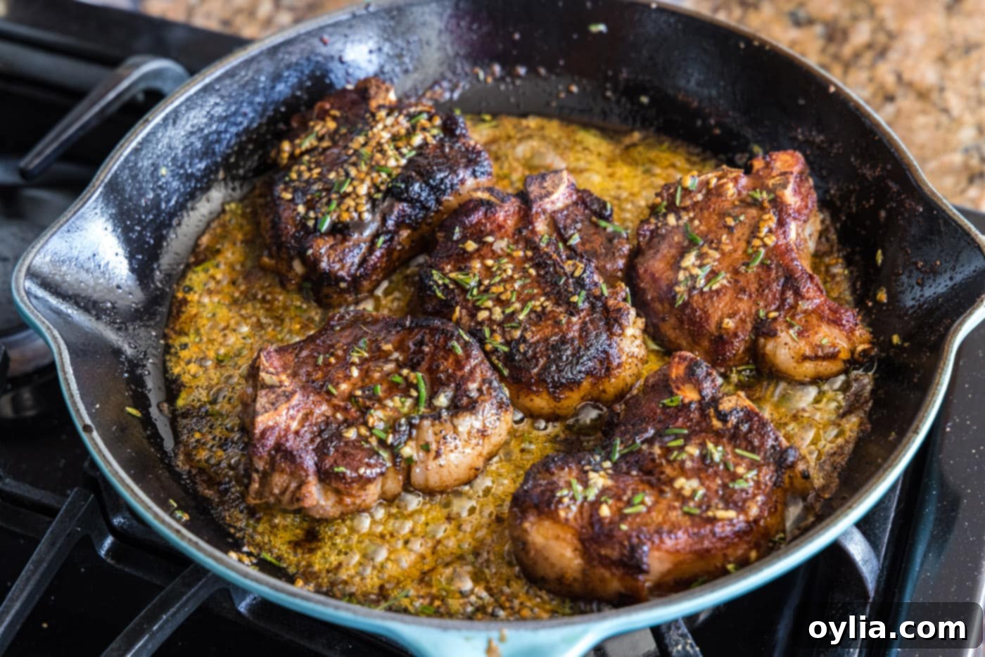 pan seared lamb loin chops in a skillet