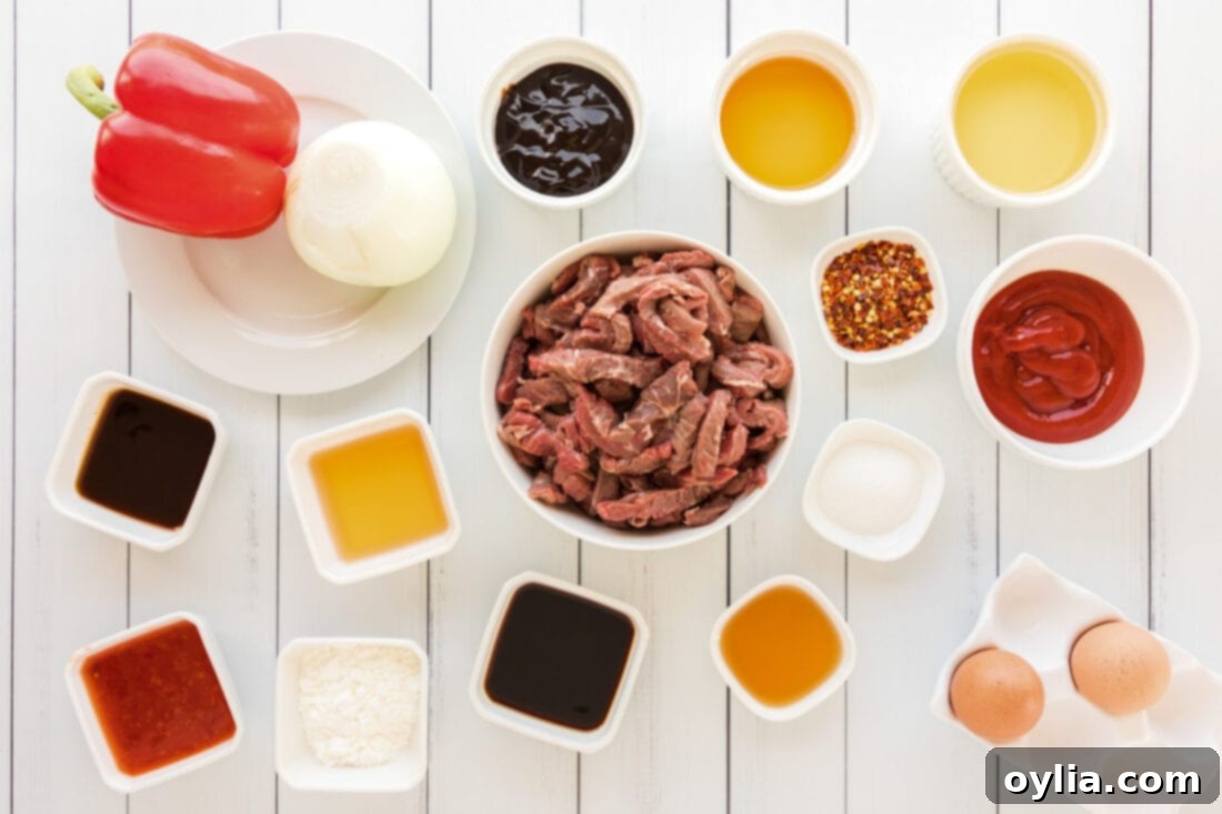 A collection of fresh ingredients laid out for making Beijing Beef
