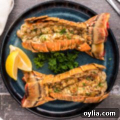 Overhead photo of two perfectly grilled lobster tails on a plate with lemon wedges