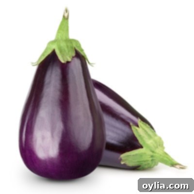 A dark purple eggplant with a green stem, isolated on a white background.