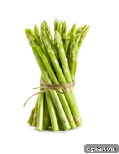 Bundle of fresh green asparagus spears, tied together with a string, against a light background.