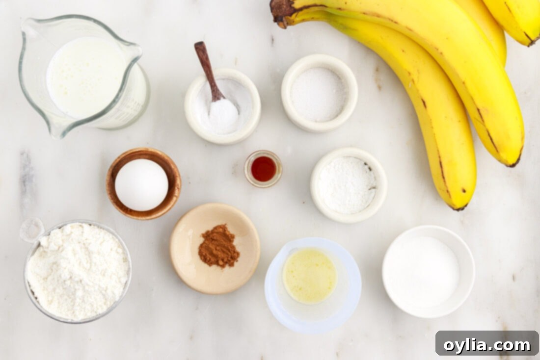 Fluffy Banana Bliss 4 A flat lay of all the ingredients needed to make banana pancakes, including flour, bananas, buttermilk, eggs, and spices.