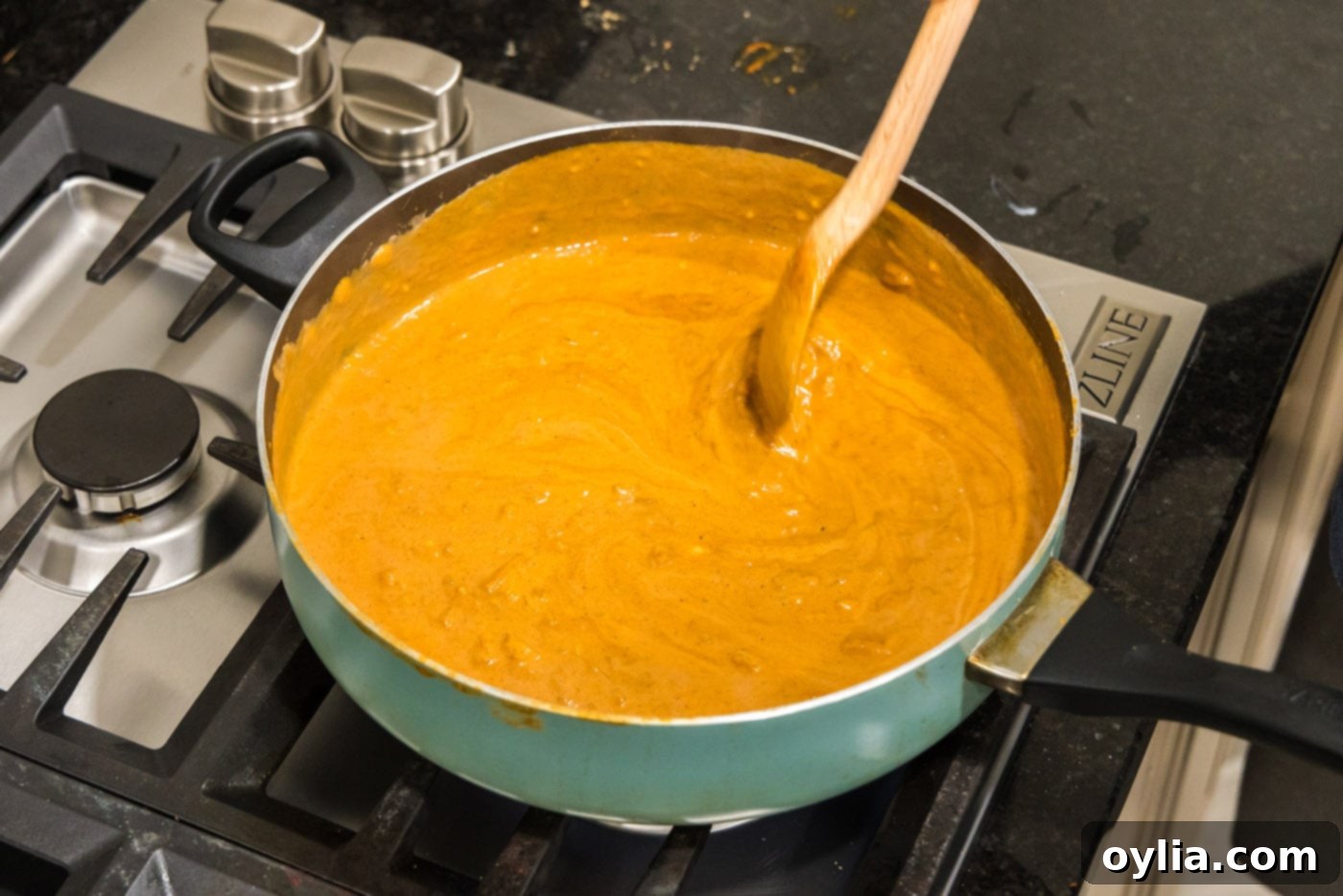 Close-up of the finished, vibrant orange creamy tomato sauce for Chicken Tikka Masala.