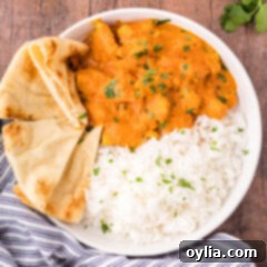 Close up of a bowl of Chicken Tikka Masala with rice and naan bread, ready to be served.