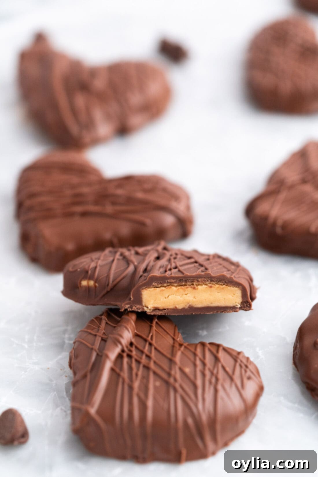 Close up of a Chocolate Peanut Butter Heart with a bite taken out