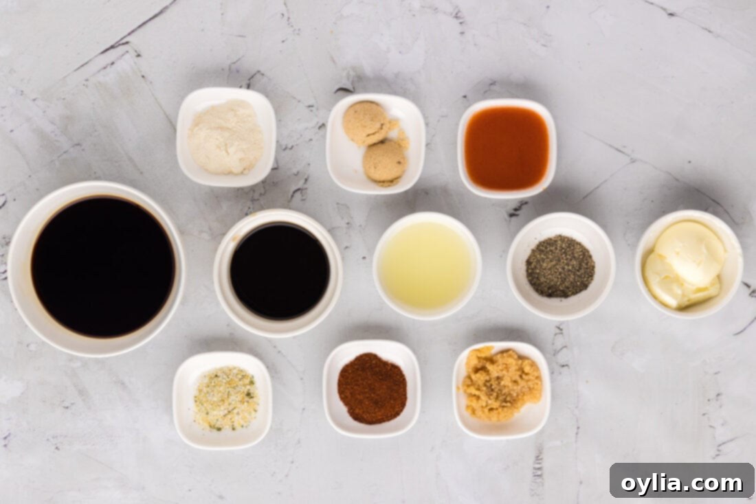 Ingredients for Ribeye Steak Marinade arranged on a counter