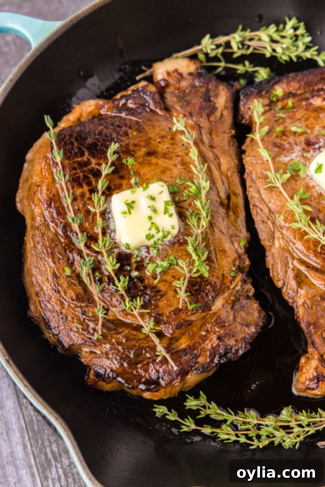 Close up of a Cast Iron Ribeye in a cast iron pan