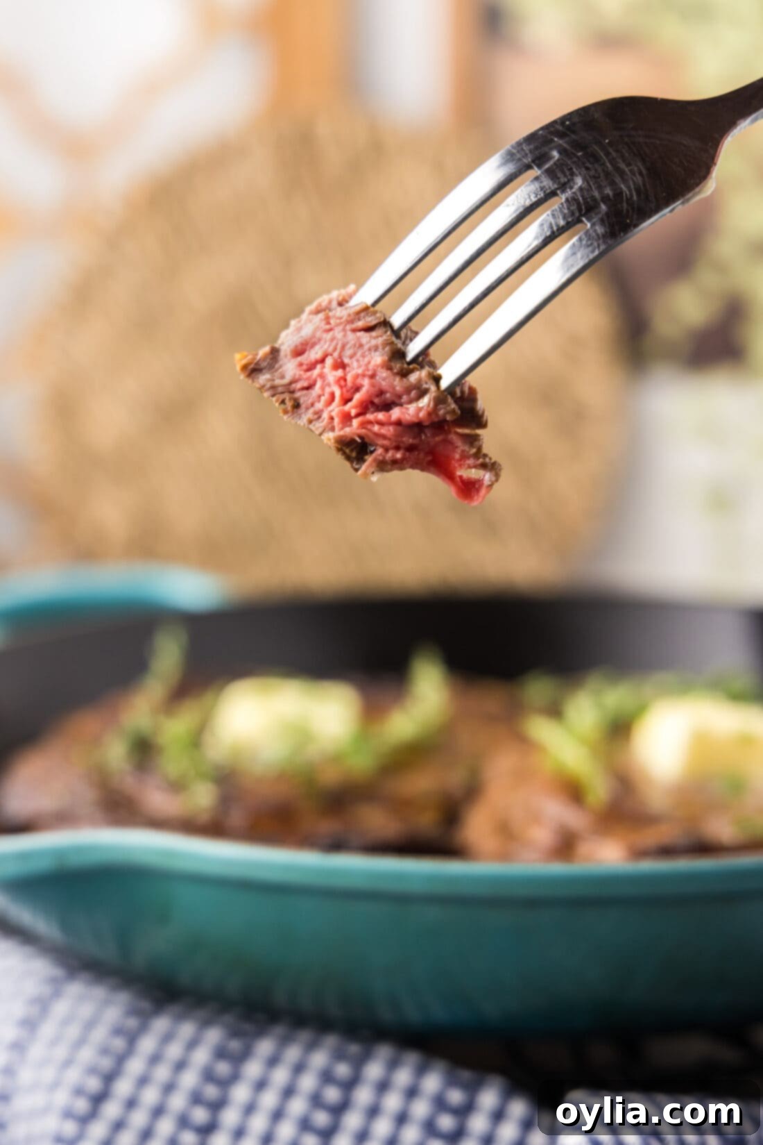 Piece of Cast Iron Ribeye on a fork