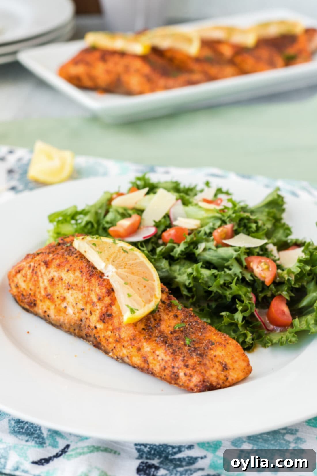Beautifully cooked Air Fryer Salmon on a white plate, garnished with a fresh slice of lemon, ready to serve.