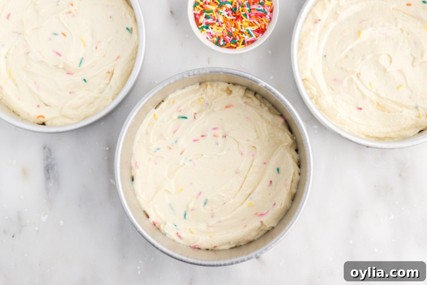 funfetti cake batter in cake pans