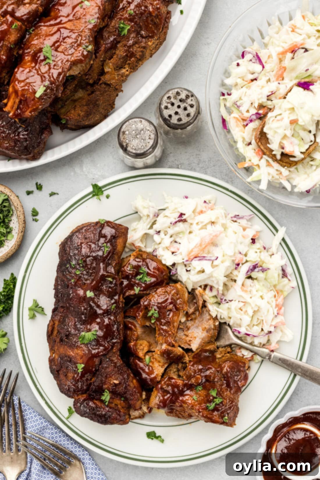 Slow Cooker Barbecued Country Style Ribs plated with coleslaw