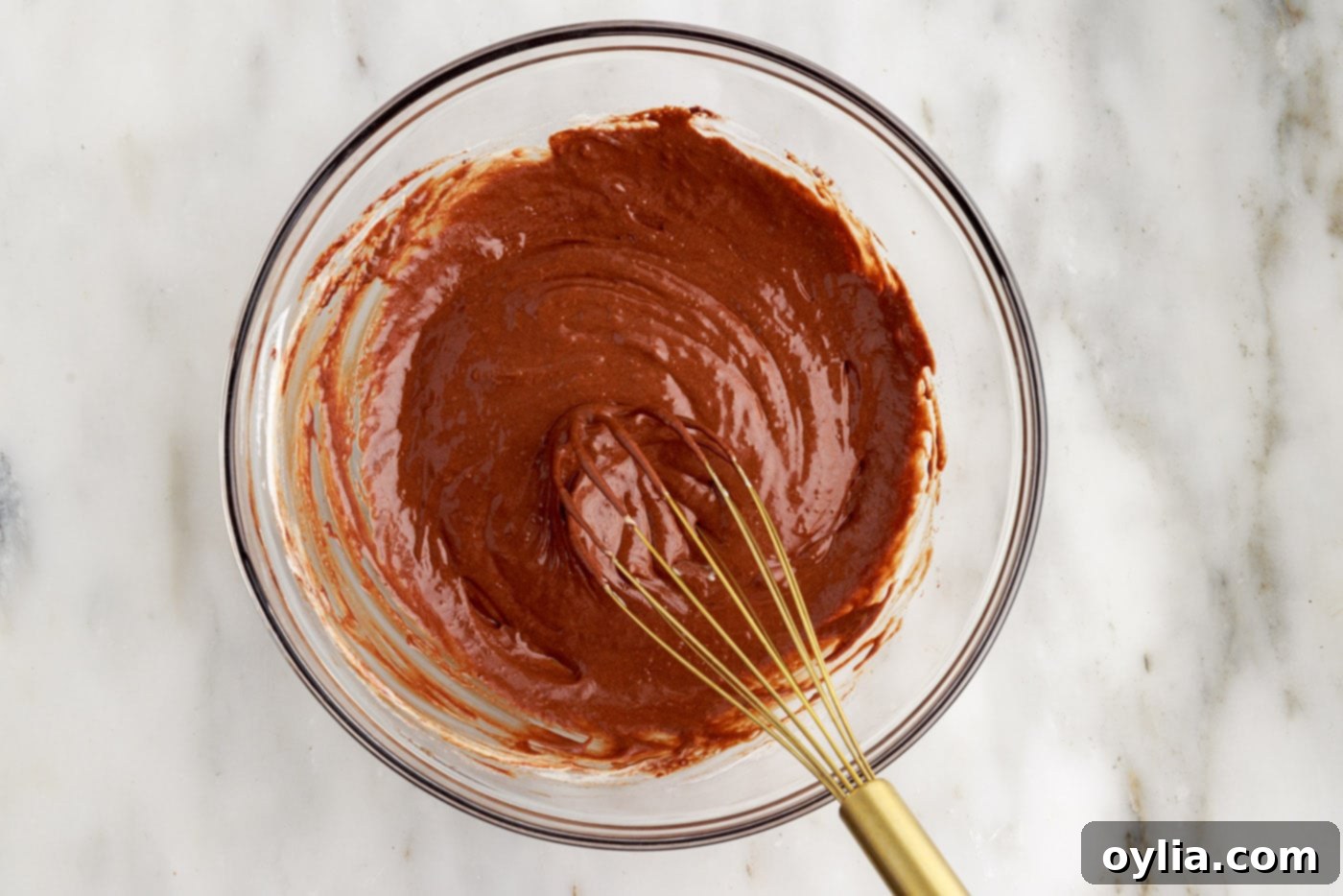 Molten Chocolate Delight 14 molten lava cake batter in a bowl with a whisk, perfectly combined