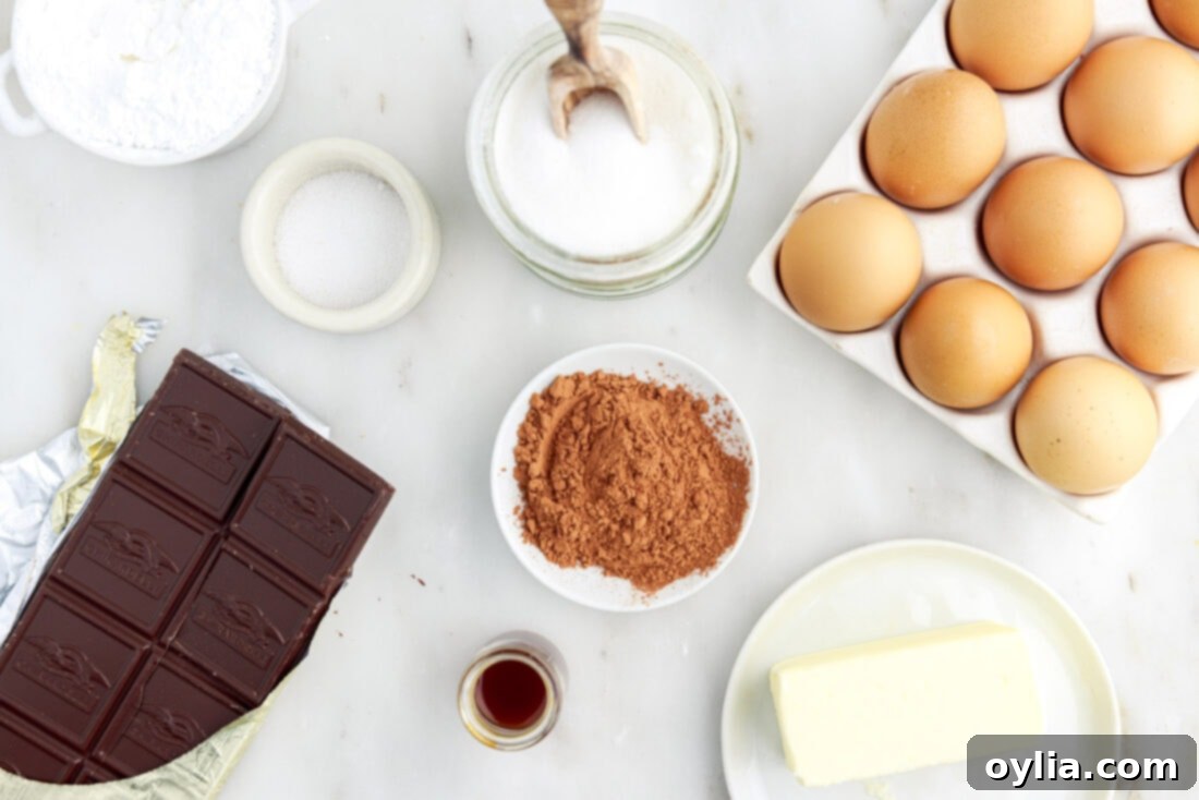 Molten Chocolate Delight 4 Ingredients for Lava Cake laid out on a table