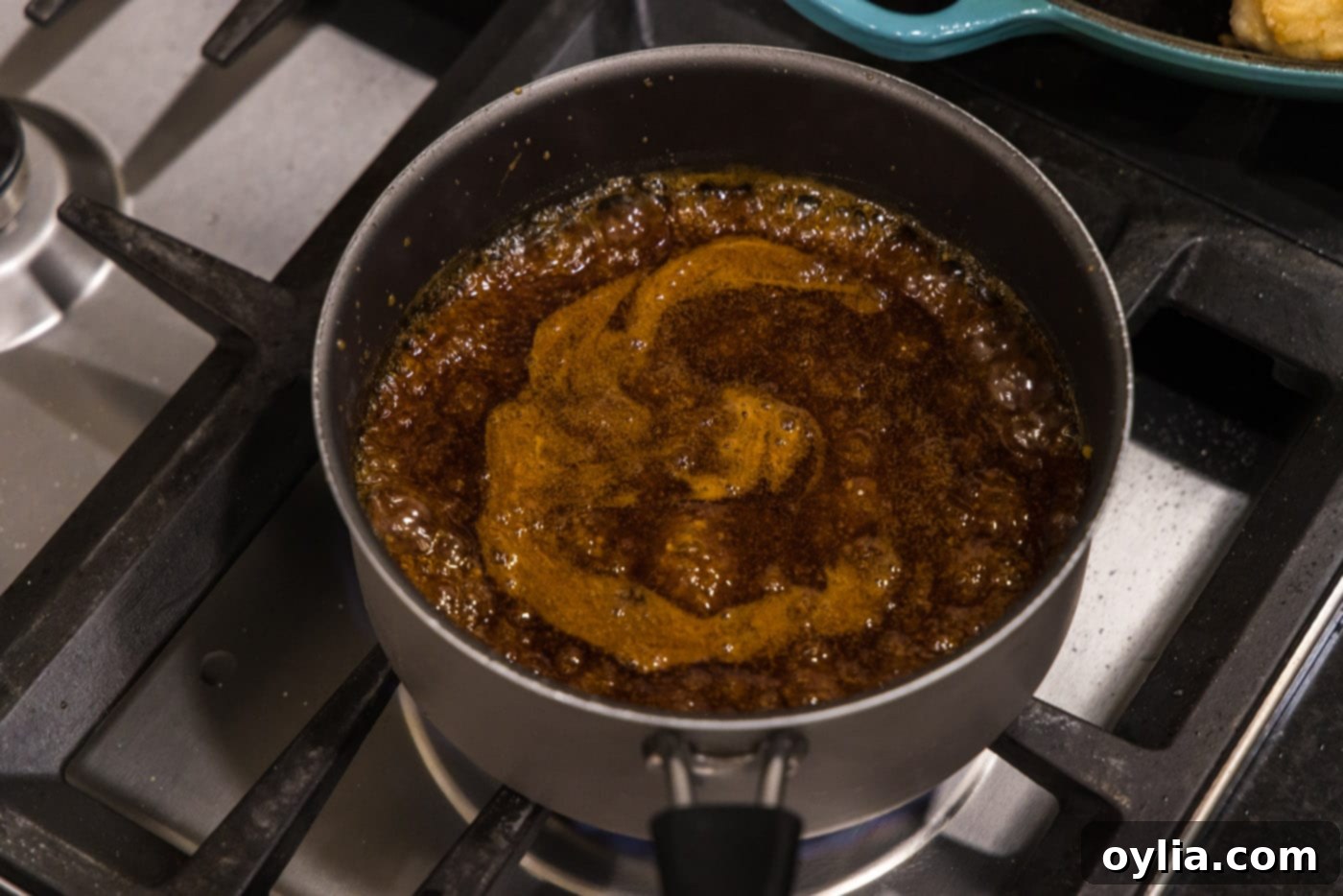 thickened honey garlic sauce in a pot