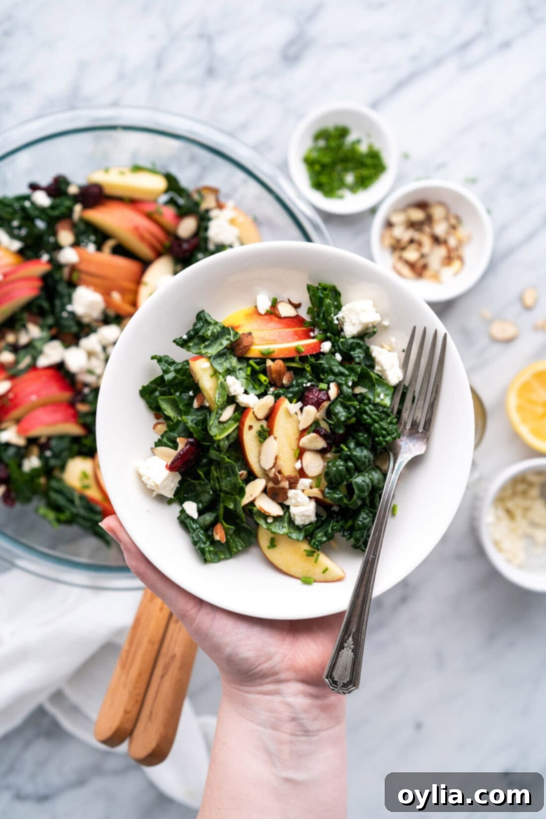Single serving of Kale Salad in a bowl being held over a larger batch of Kale Salad, showcasing its vibrant appeal