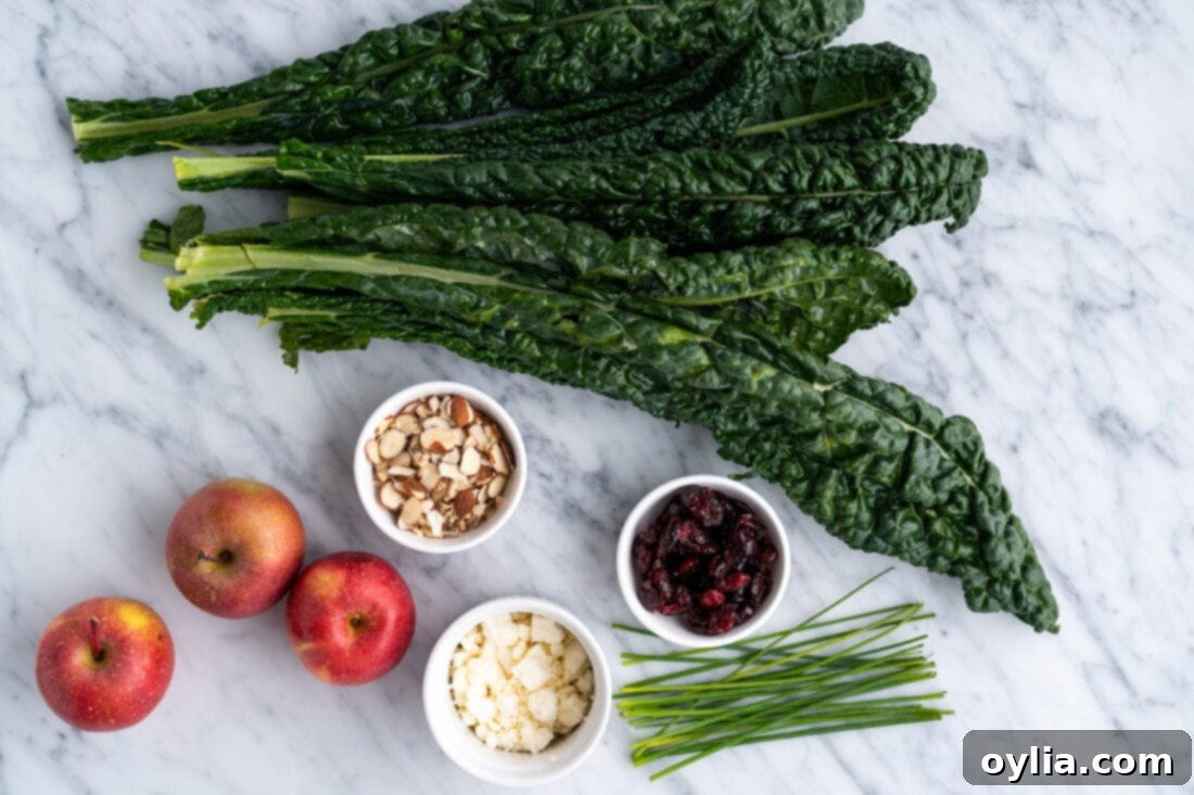 A selection of fresh kale salad ingredients including apples, craisins, almonds, feta, and chives