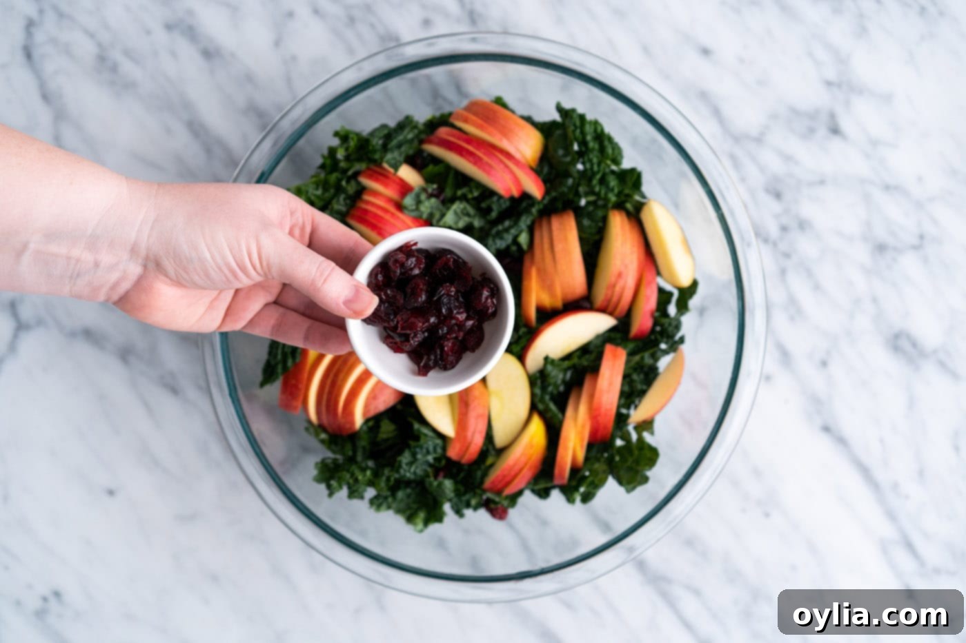 Adding craisins to a bowl of chopped kale and apples