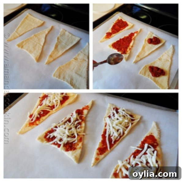 Photos of the steps to make pizza crescent roll ups, showing the dough being spread with sauce and cheese.