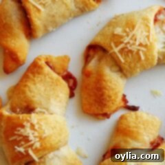 Cheesy Pizza Spirals 8 A close up photo of pizza crescent roll ups.