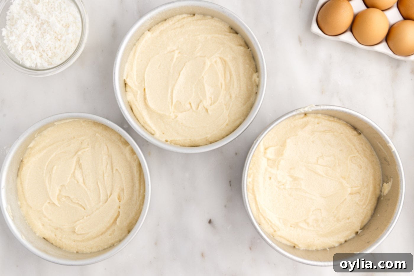coconut cake batter in round cake pans