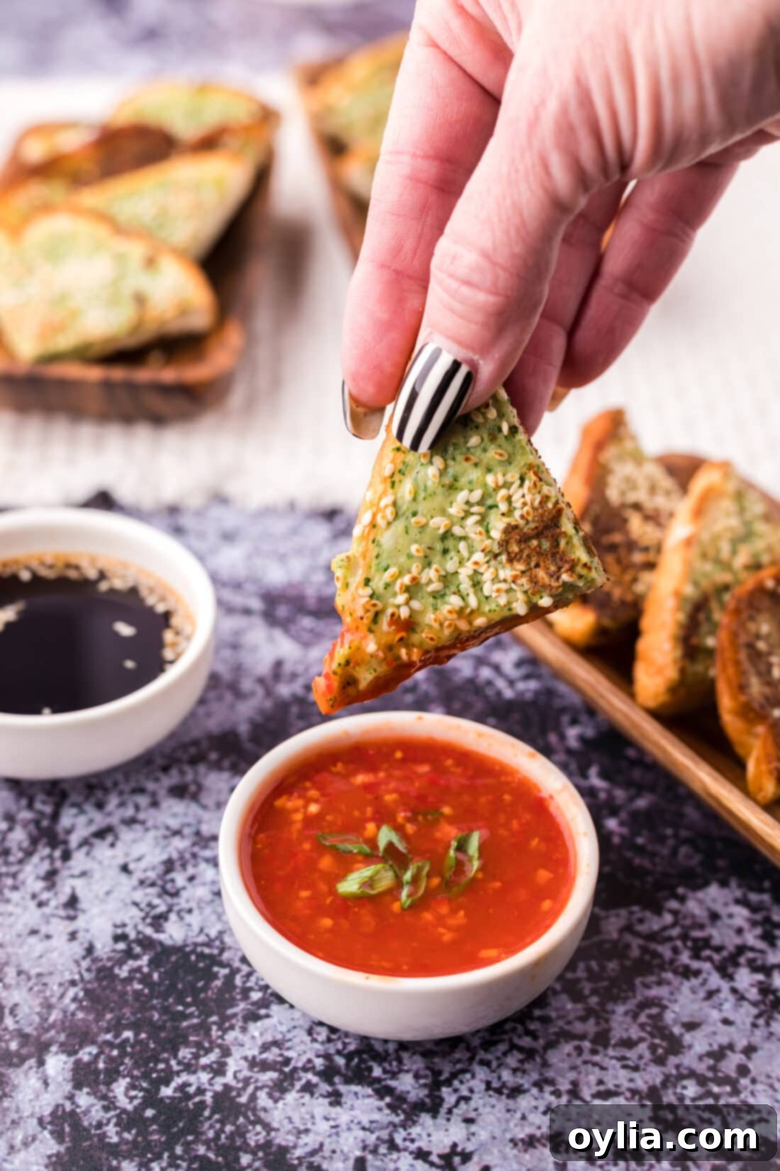 Irresistible Crispy Shrimp Toast 3 Shrimp Toast dipped in sweet chili sauce