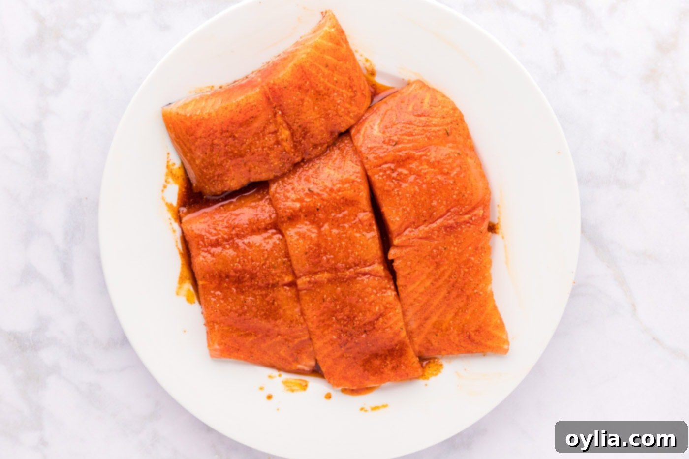 salmon filets coated in a wet rub