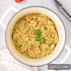 Fresh Pesto Shrimp Pasta 12 Pot of Shrimp Pesto Pasta, ready to be served