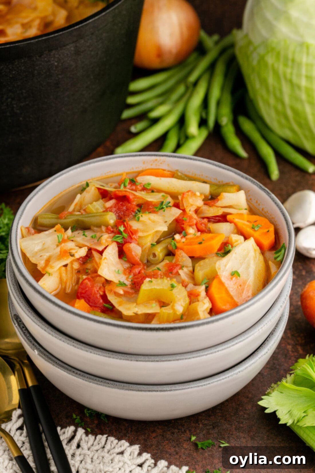 A steaming bowl of healthy Cabbage Soup, garnished with fresh herbs, ready to be enjoyed.