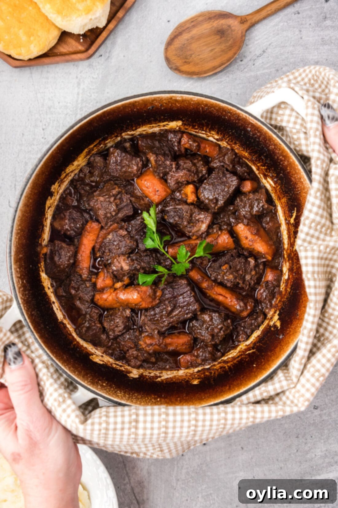Tender Slow-Cooked Beef 2 Hands holding a hot pot of Braised Beef with a towel