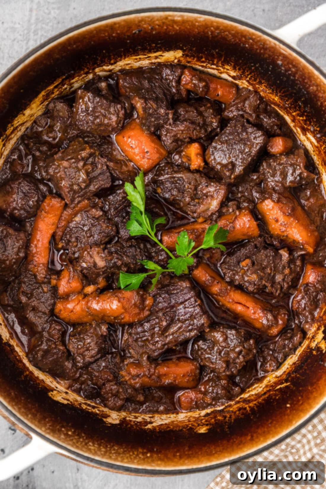 Tender Slow-Cooked Beef 16 Close up of a pot of Braised Beef, showcasing the tender meat and rich sauce.