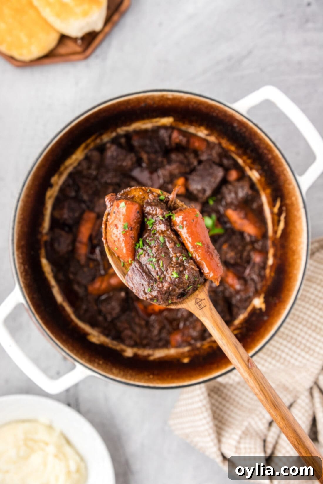 Tender Slow-Cooked Beef 3 Spoonful of Braised Beef held over a pot of Braised Beef